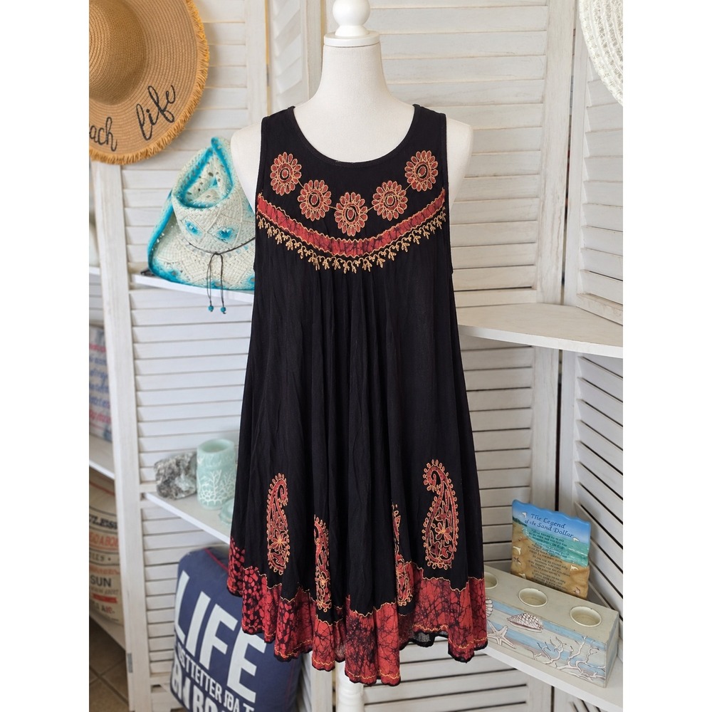 S.R. Fashion Black Embroidered Boho Mini Dress Free Size Paisley Batik Rayon